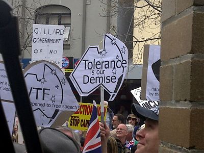 Crowd at the Marrickville Convoy of No Confidence, 1 September 2011. The sign in the centre reads Tolerance is Our Demise