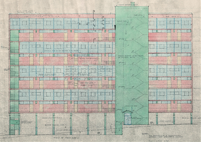 Ithaca Gardens, an architectural elevation, coloured in